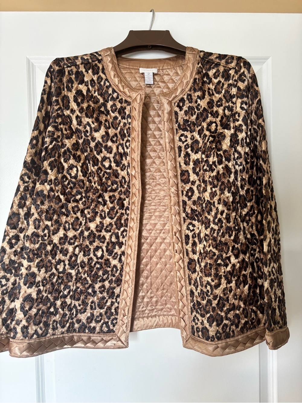 Chico's Leopard Print Teddy Jacket with Tan Quilted Trim